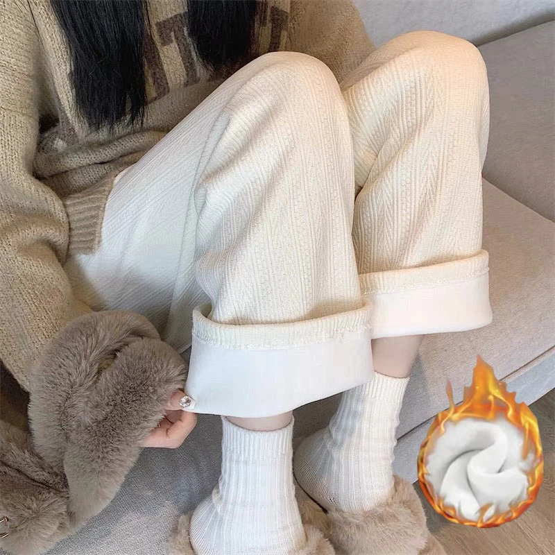 【拉拉专属】冬季奶盐系穿搭休闲垂坠感麦穗提花加绒保暖阔腿裤5809