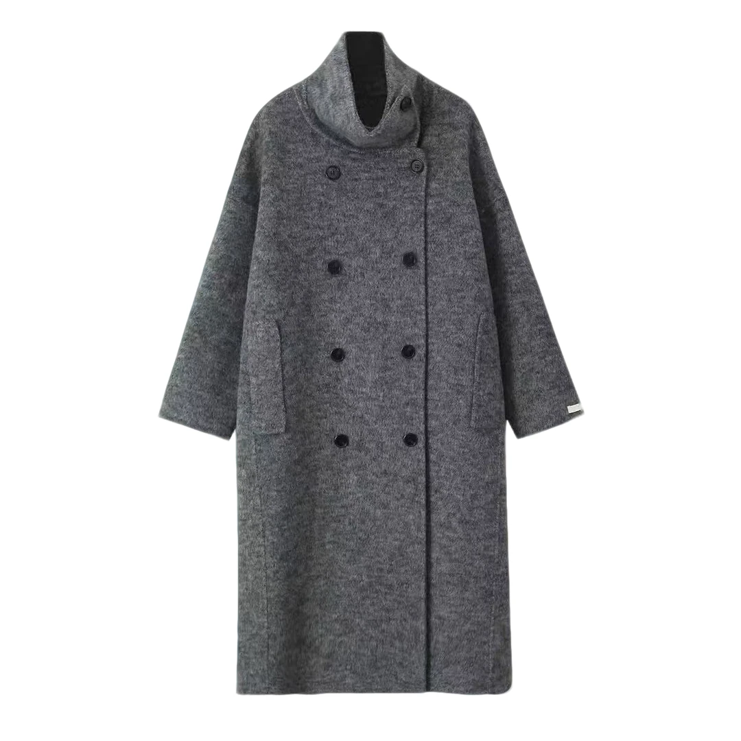 2024秋冬新款长毛立领双面大衣女宽松高级感中长款呢外套灰色