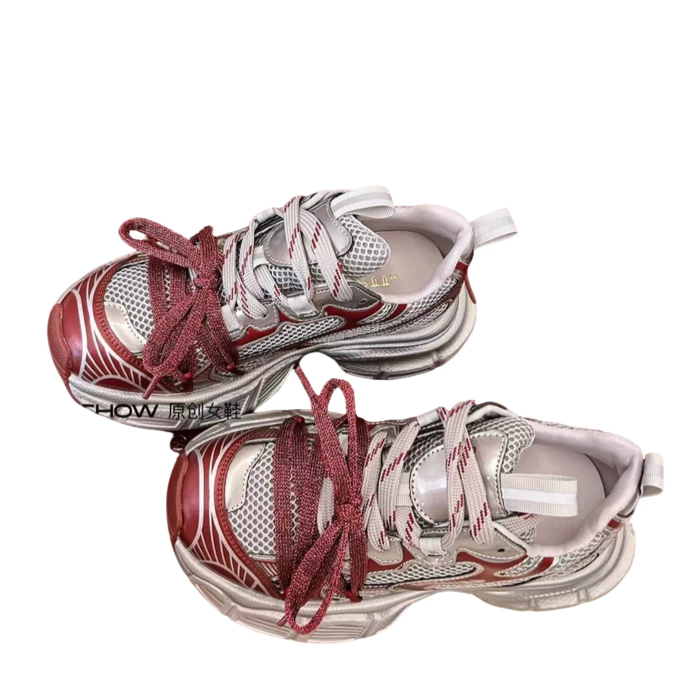 欧货老爹鞋女2024夏季新款透气网纱内增高厚底系带百搭休闲运动鞋