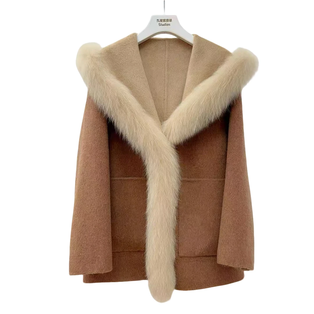 2024冬季新款连帽长款两面穿狐狸毛皮草双面呢羊绒大衣毛呢外套女