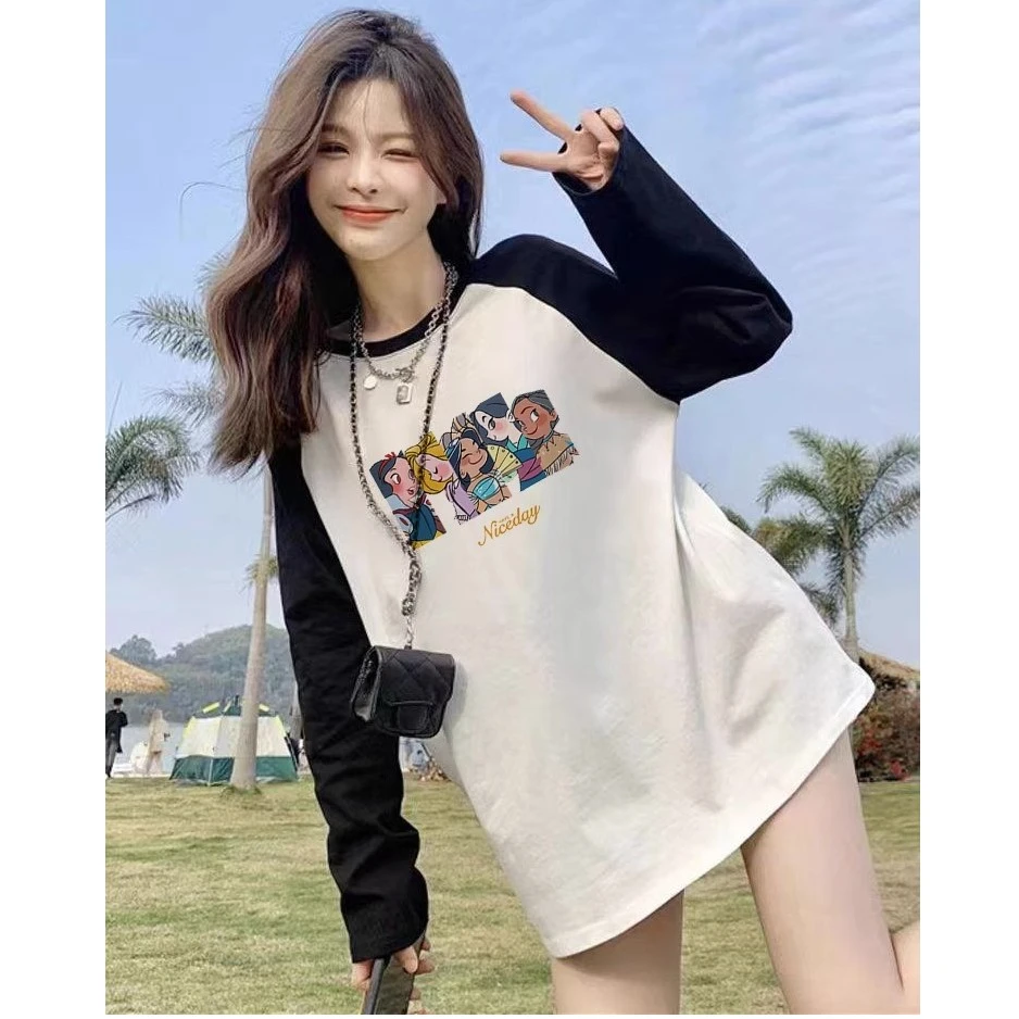 纯棉长袖t恤女宽松2024年春秋新款插肩袖黑白撞色上衣打底衫女潮