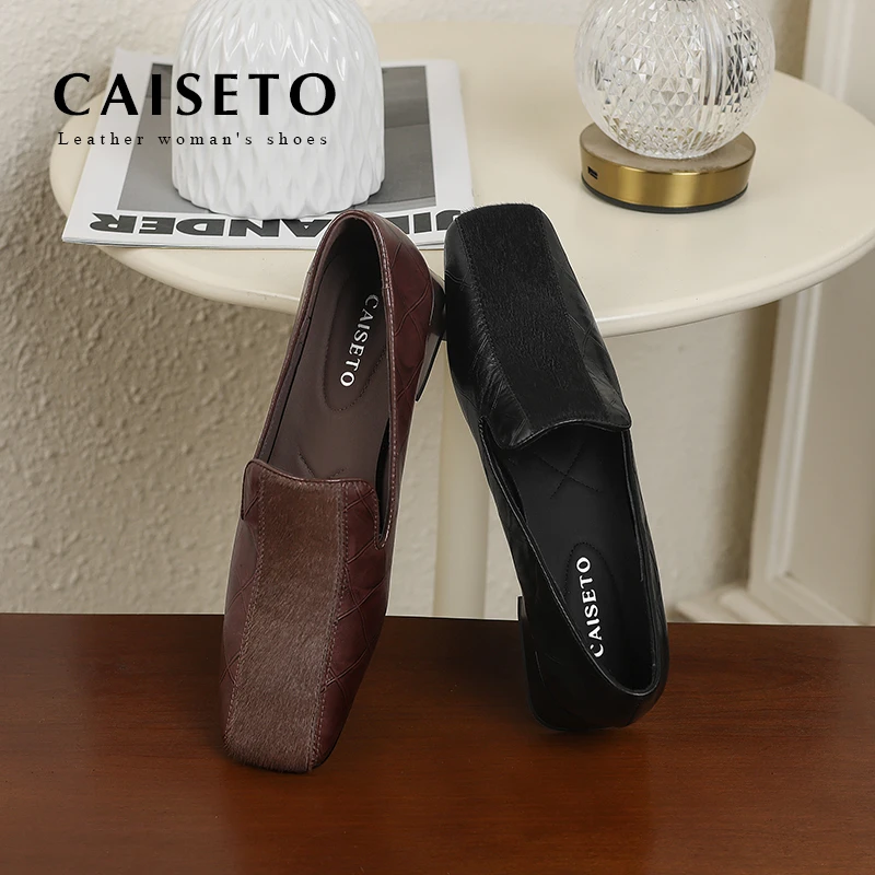 头层牛皮/3.5cm新款方头马毛低跟菱格纹真皮单鞋软底百搭女鞋D812