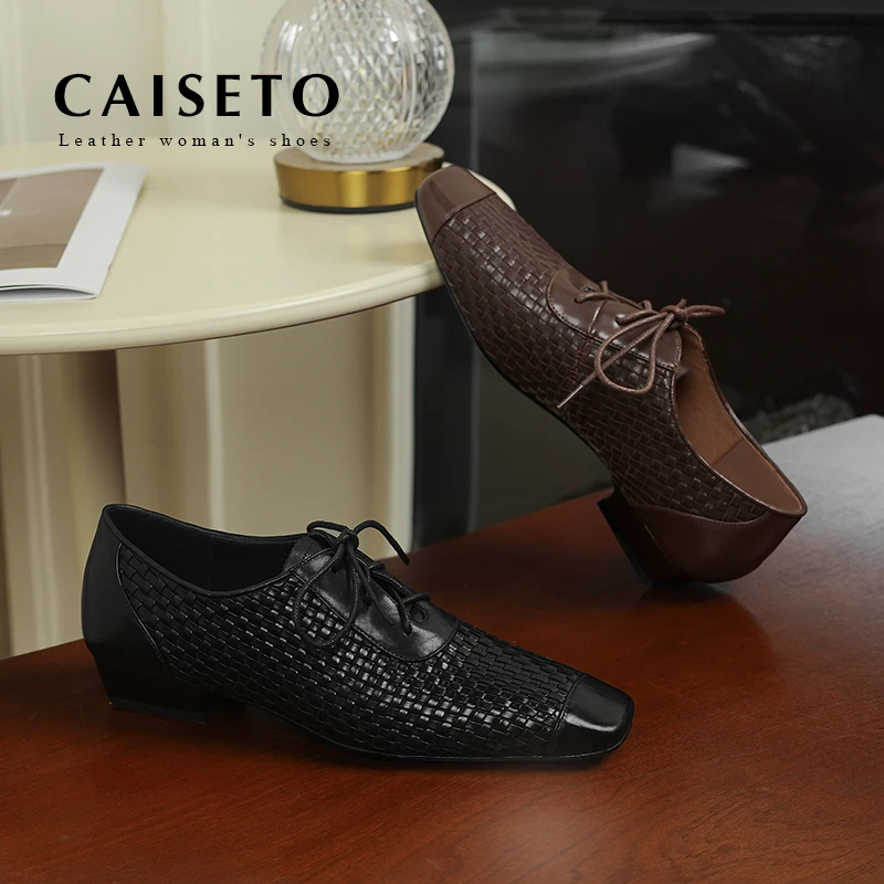 方头低跟系带单鞋女2025年秋季新款真皮编织软皮复古风通勤小皮鞋
