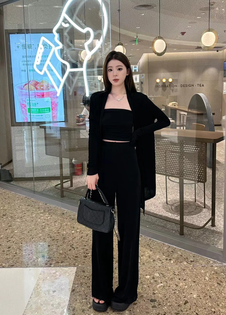 【雯雯】新夏三件套抹胸防晒开衫阔腿裤露肩针织气质薄款