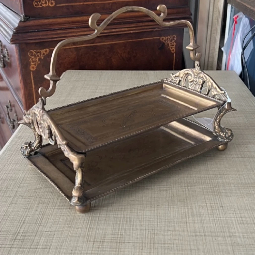 欧式复古做旧手工古铜双层提篮式双耳托盘长方形装饰摆饰工艺品