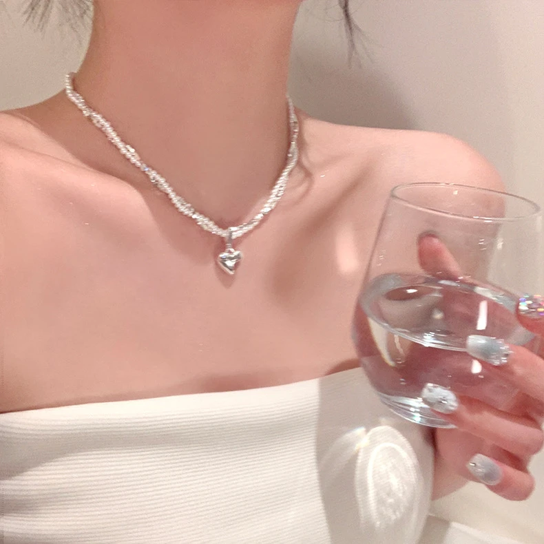铜合金仿珍珠项链 碎银子爱心双层项链女轻奢小众高级感锁骨链