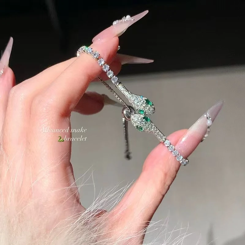 铜合金合成锆石手链 本命年抱富闪锆灵蛇手链可抽拉手绳手饰