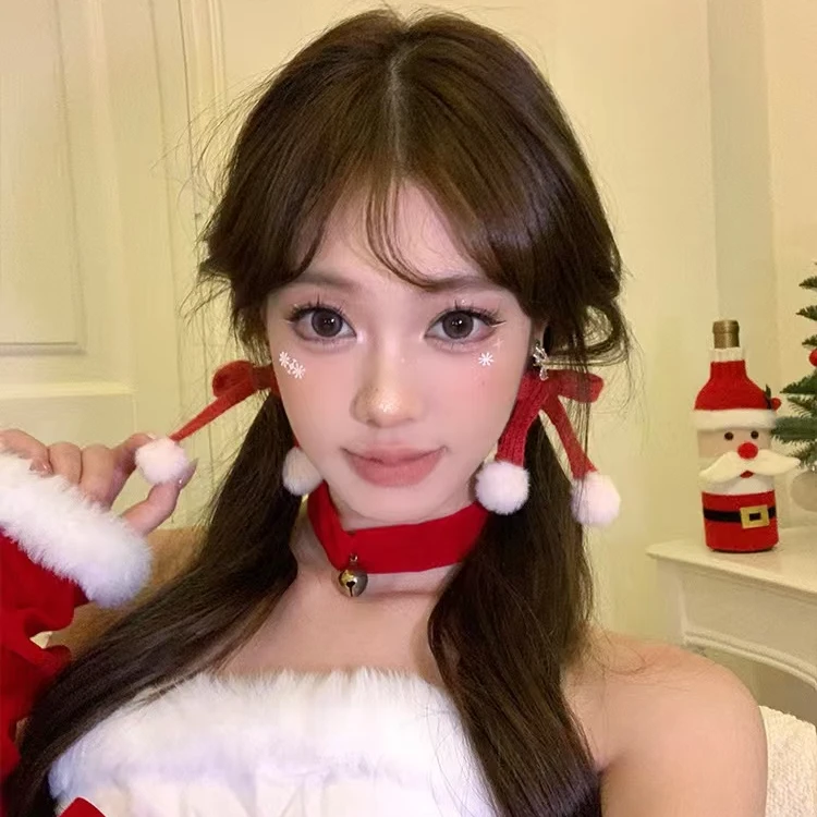 秋冬圣诞红色针织蝴蝶结毛绒雪球发夹新年可爱发卡发饰