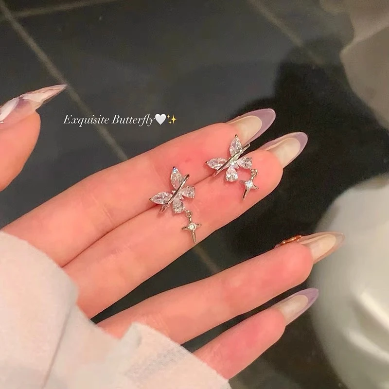 铜合金合成锆石耳饰 气质超仙蝴蝶耳钉女精致小巧耳环高级感耳饰