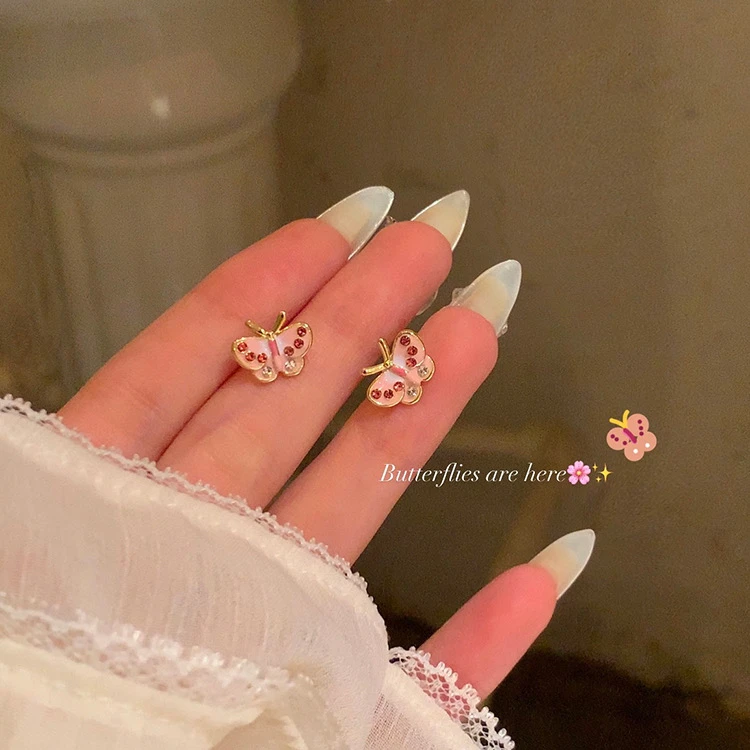 铜合金合成锆石耳饰 夏季甜美粉色蝴蝶耳钉女2024新款耳环耳饰