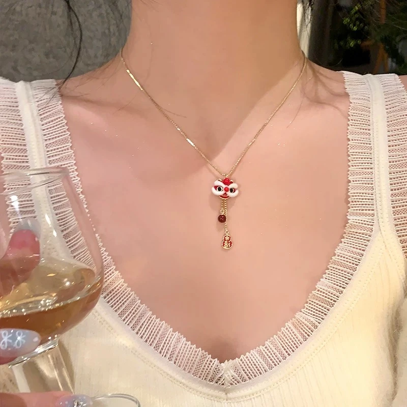 铜合金项链 秋冬新年红色醒狮流苏项链女国风过年气质颈链毛衣链