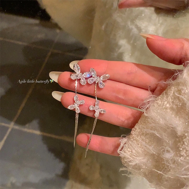 铜合金合成锆石耳饰 气质名媛风蝴蝶流苏耳环女春夏轻奢耳钉耳饰