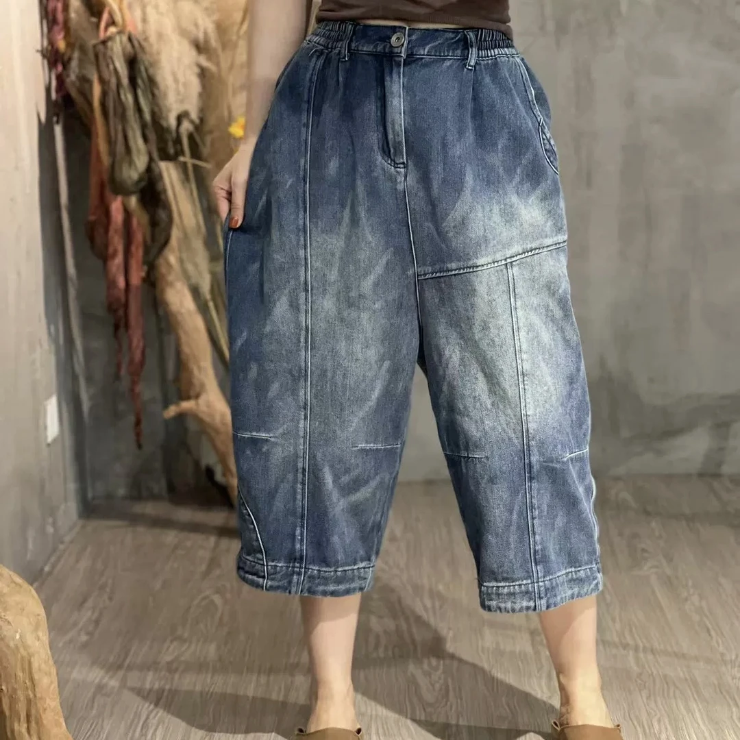 新款花社牛仔裤松紧腰八分牛仔裤老爹裤宽松休闲裤松紧牛仔裤