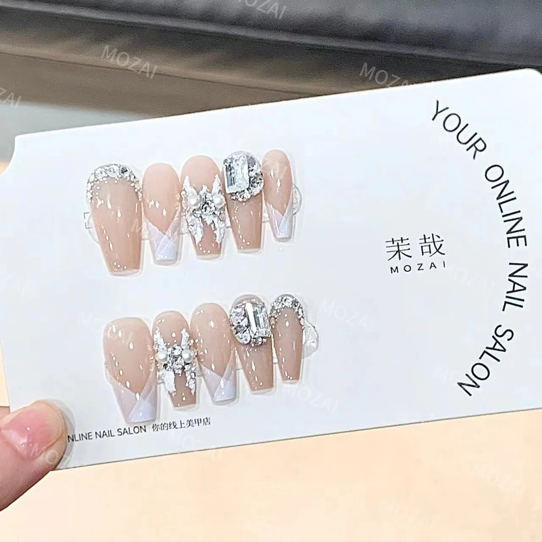 茉哉JY高定【施家全华/漫月白茶】纯手工定制美甲拆卸穿戴甲A3164