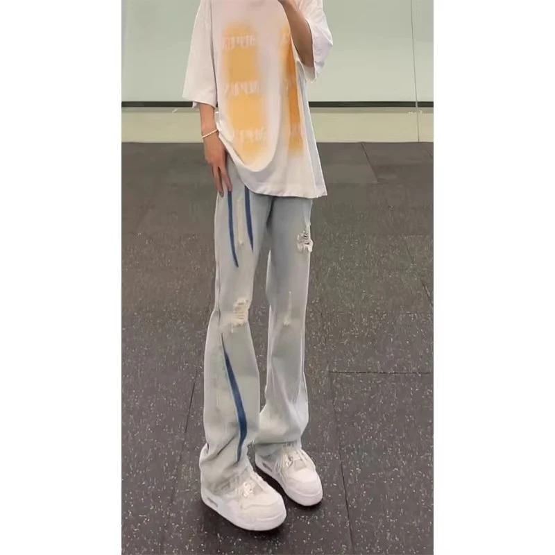 水洗扎染破洞牛仔裤男款秋季美式vibe印花潮牌痞帅炸街直筒微喇裤