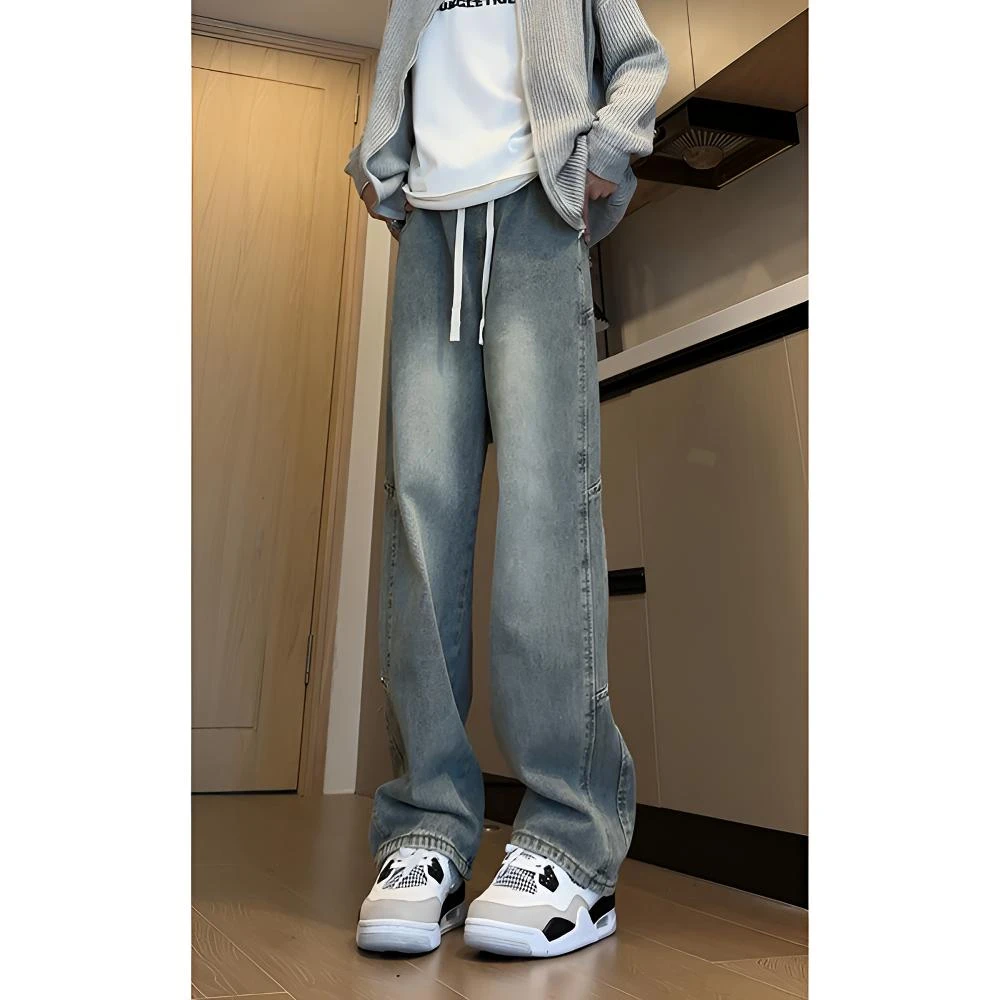 裤子男秋冬季宽松牛仔裤浅蓝色抽绳弯刀裤宽松户外休闲直筒微喇裤