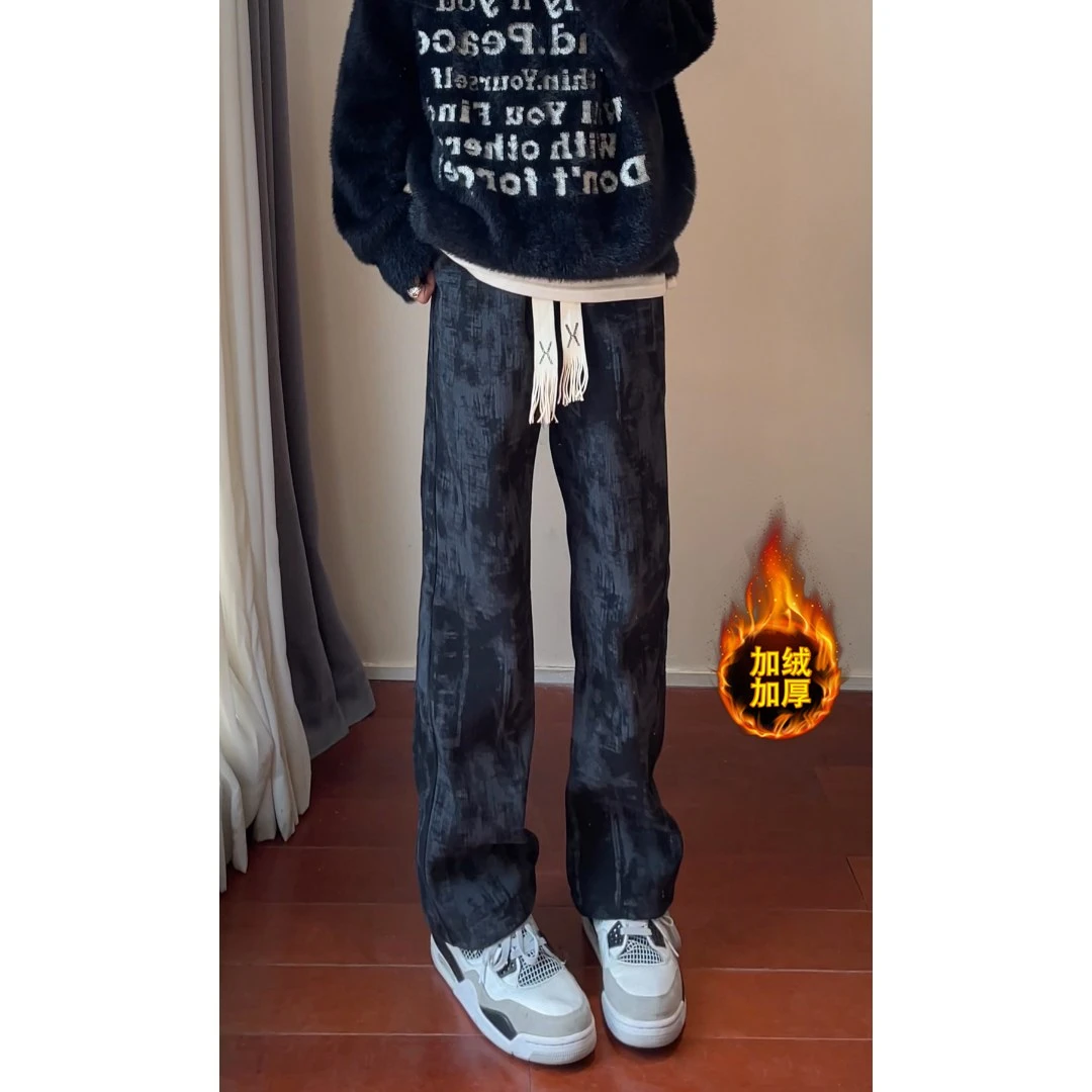 加绒灯芯绒扎染裤子男秋冬美式潮牌抽绳卫裤高级感运动直筒休闲裤