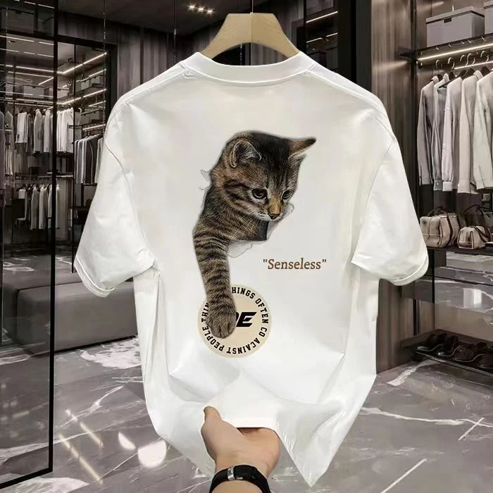 【高品质男装】夏季重磅纯棉短袖小猫创意印花设计感圆领上衣服