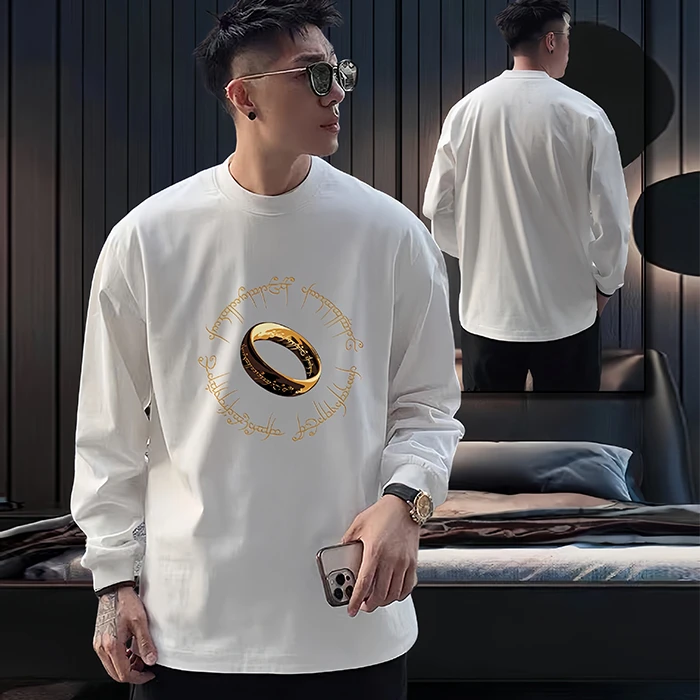 【高品质男装】美式重磅纯棉长袖T恤创意印花百搭圆领潮牌男士上衣