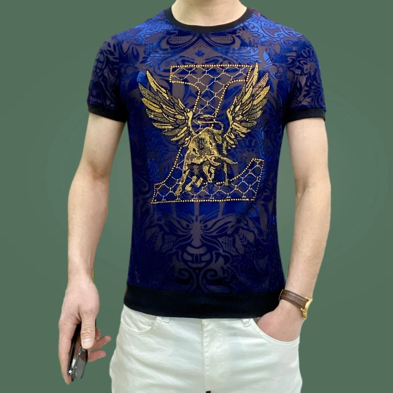 夏季男士时尚半袖高档休闲百搭修身个性提花轻奢男款圆领短袖T恤