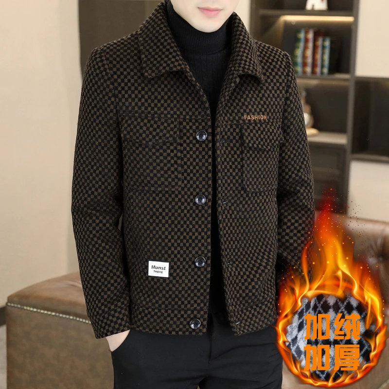 2024冬装新款加绒加厚夹克男士翻领潮流百搭修身毛呢大衣外套男装