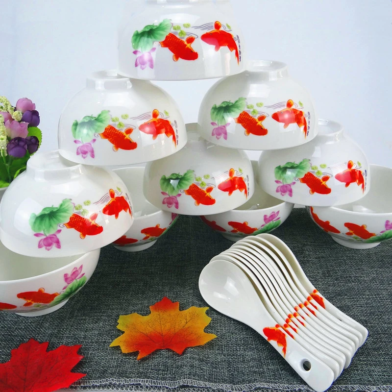 创意复古陶瓷餐具家用4.5寸吃饭碗个性高脚防烫设计年年有鱼汤碗