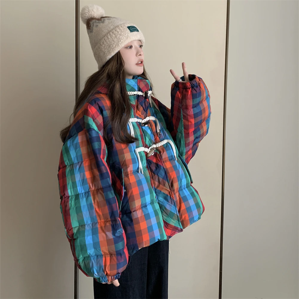 彩色格子牛角扣羽绒棉服女冬季学院风韩系流行减龄棉衣短款棉袄