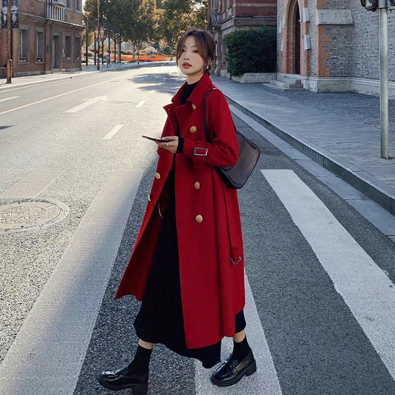 红色毛呢大衣女2025秋冬季新款高级感本命年新娘结婚系带呢子外套