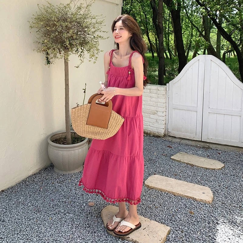 少女感树莓粉连衣裙女夏2025新款法式甜美初恋度假沙滩吊带仙女裙
