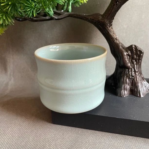 原矿汝瓷天青色手工竹节杯100ml（开片可养）