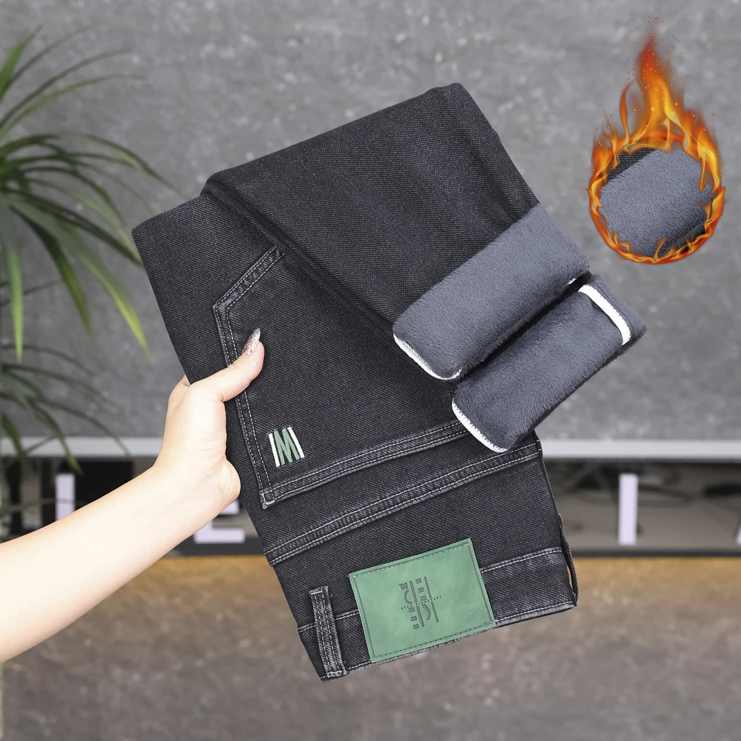 2024男士加绒加厚牛仔裤冬季新款弹力潮流百搭修身小直筒时尚长裤