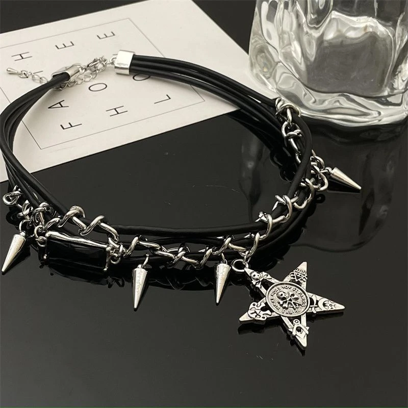 钛钢皮质项链 五角星皮绳拼接锁骨链choker颈链朋克辣妹设计感