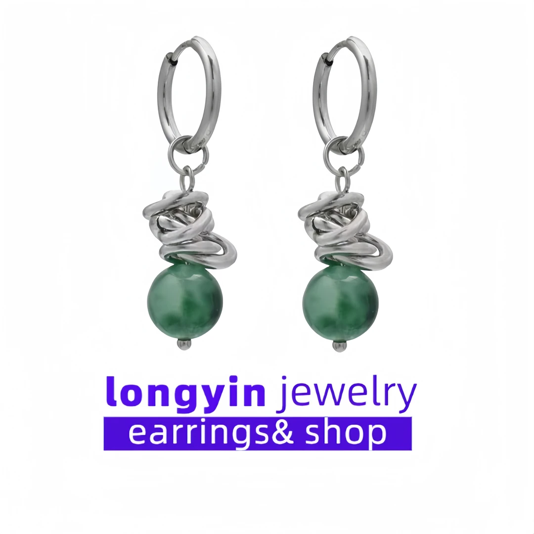 钛钢耳饰 国潮绿色石耳坠男女小众高级感无耳洞耳夹古风复古耳环