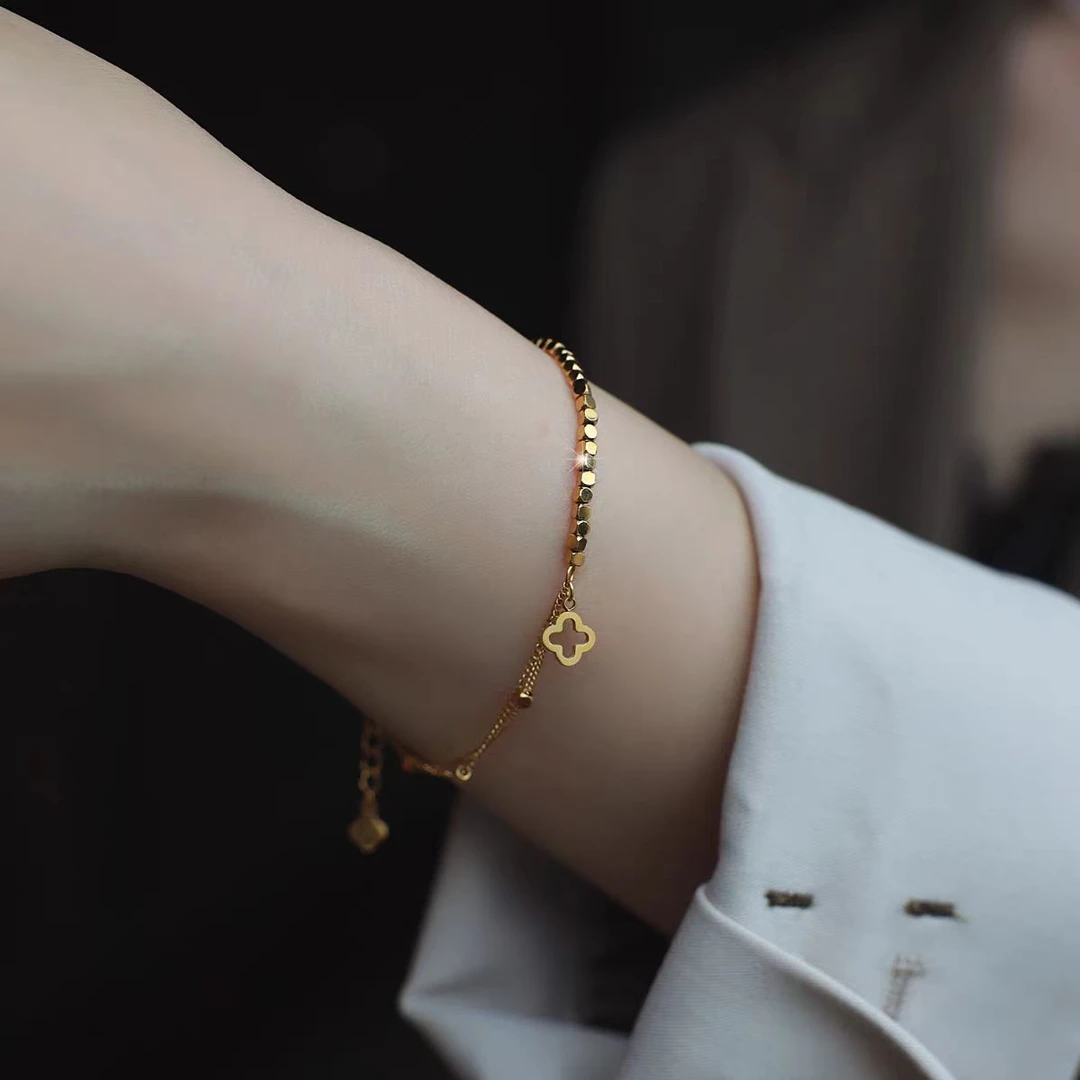 钛钢手链 新款金色双层气质轻奢手链女四叶草蹦迪精致小众闺蜜