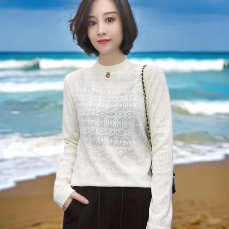 四季休闲提花打底衫女款针织气质长袖小衫t恤显瘦百搭上衣女T恤衫