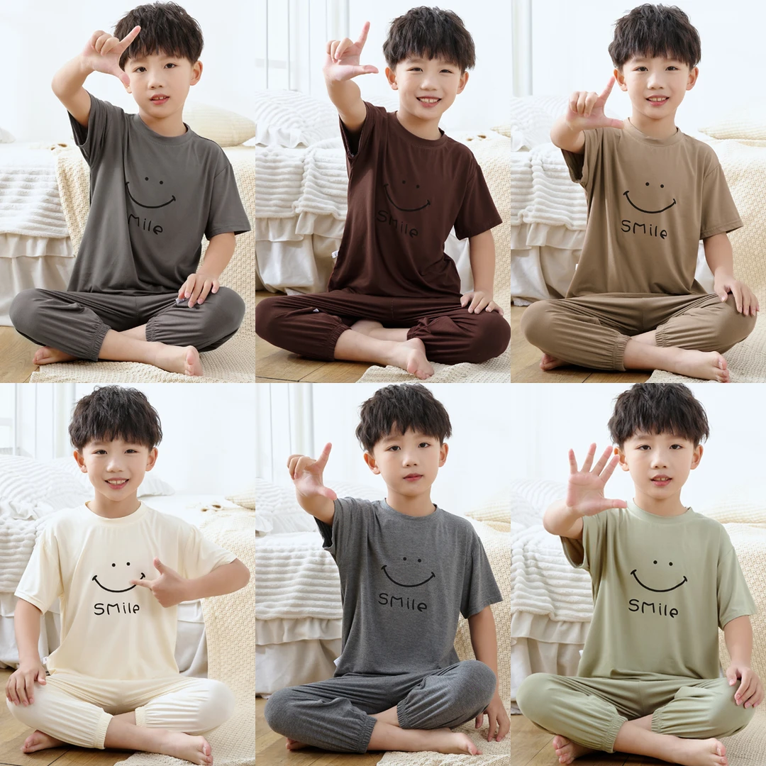 夏季新款男女儿童休闲时尚薄款短袖家居服套装纯色宽松百搭宝宝