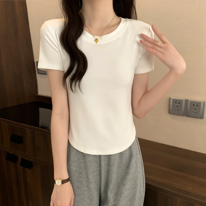 短袖t恤女春夏新款纯欲不规则下摆圆领收腰显瘦百搭小众修身ins