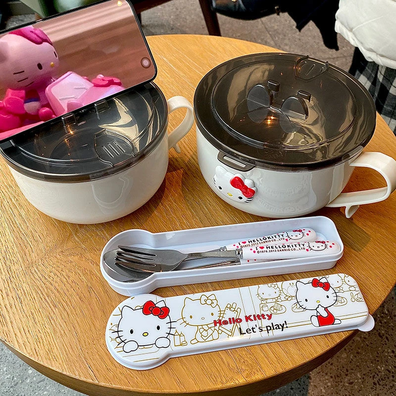 KT猫304不锈钢泡面碗带盖ins日系大容量可沥水方便面碗学生饭盒