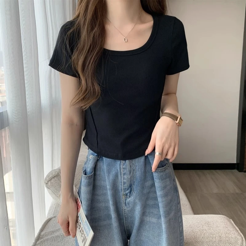 鱼骨方圆领弧形下摆黑色短袖T恤女夏季女装修身显瘦小众上衣ins潮