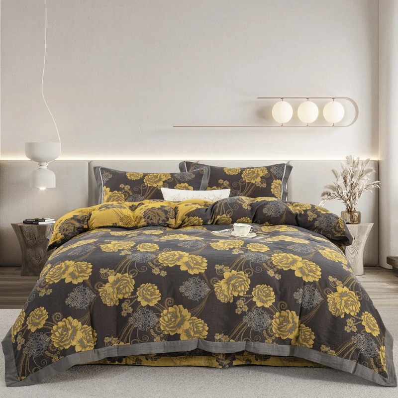 芳华-全棉色织提花双层纱四件套双面双用欧式亲肤镂空设计多功能