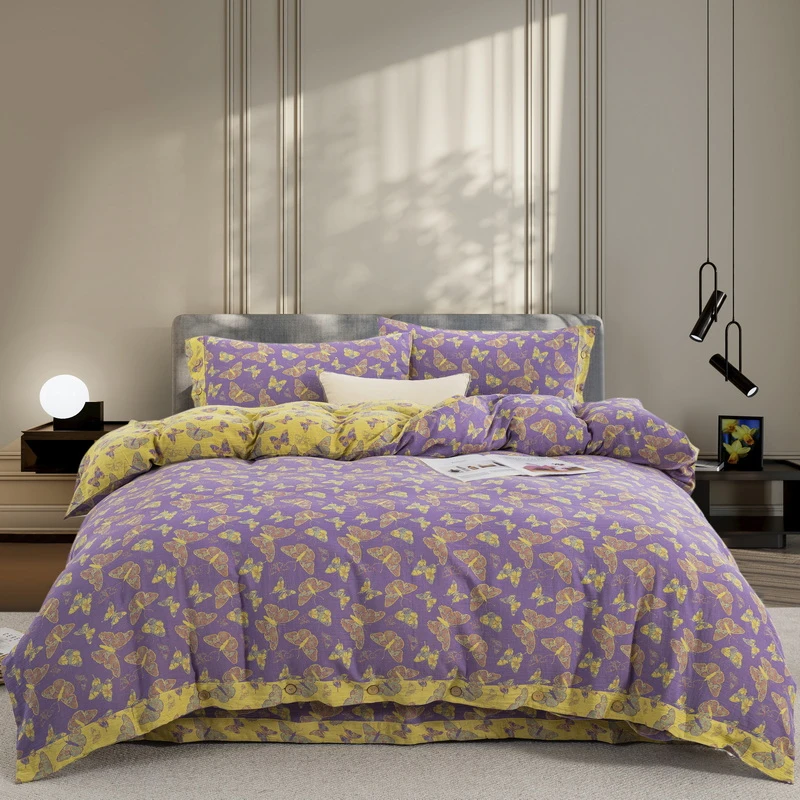 特价清蝴蝶紫-全棉色织提花双层纱四件套四季通用精梳轻奢清新