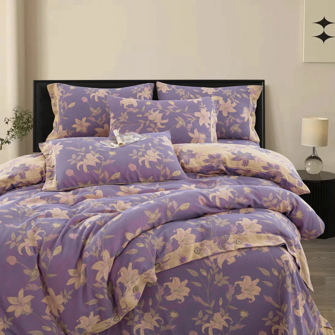 百合-A类全棉色织提花双层纱柔软透气轻奢复古四件套 轻奢多功能