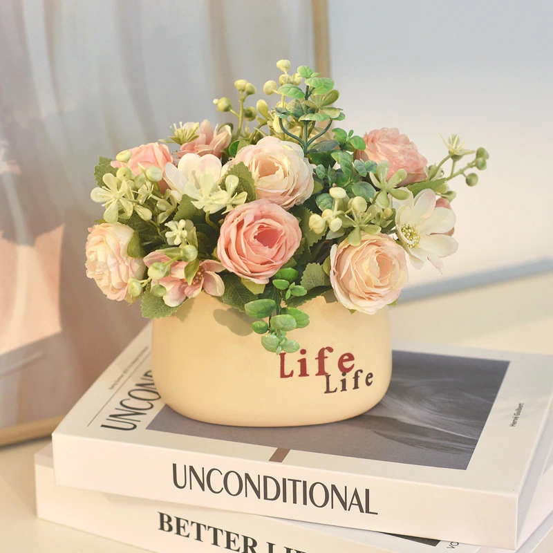 《北欧玫瑰》小盆栽假花仿真花客厅摆设餐桌装饰室内插花艺手工