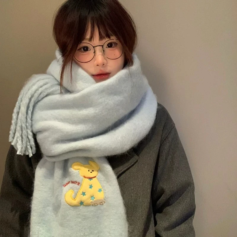 可爱小狗蓝色围巾女冬季保暖韩系氛围感百搭针织围脖披肩2025新款