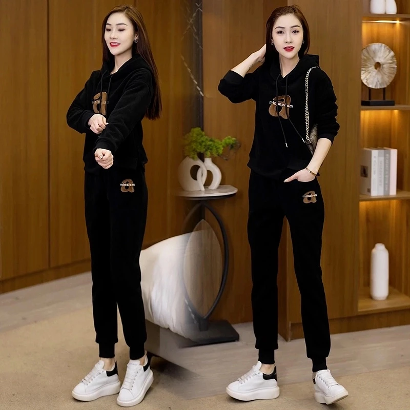 2024秋冬季新款加绒加厚欧棉绒连帽套装保暖束脚高腰休闲运动套装