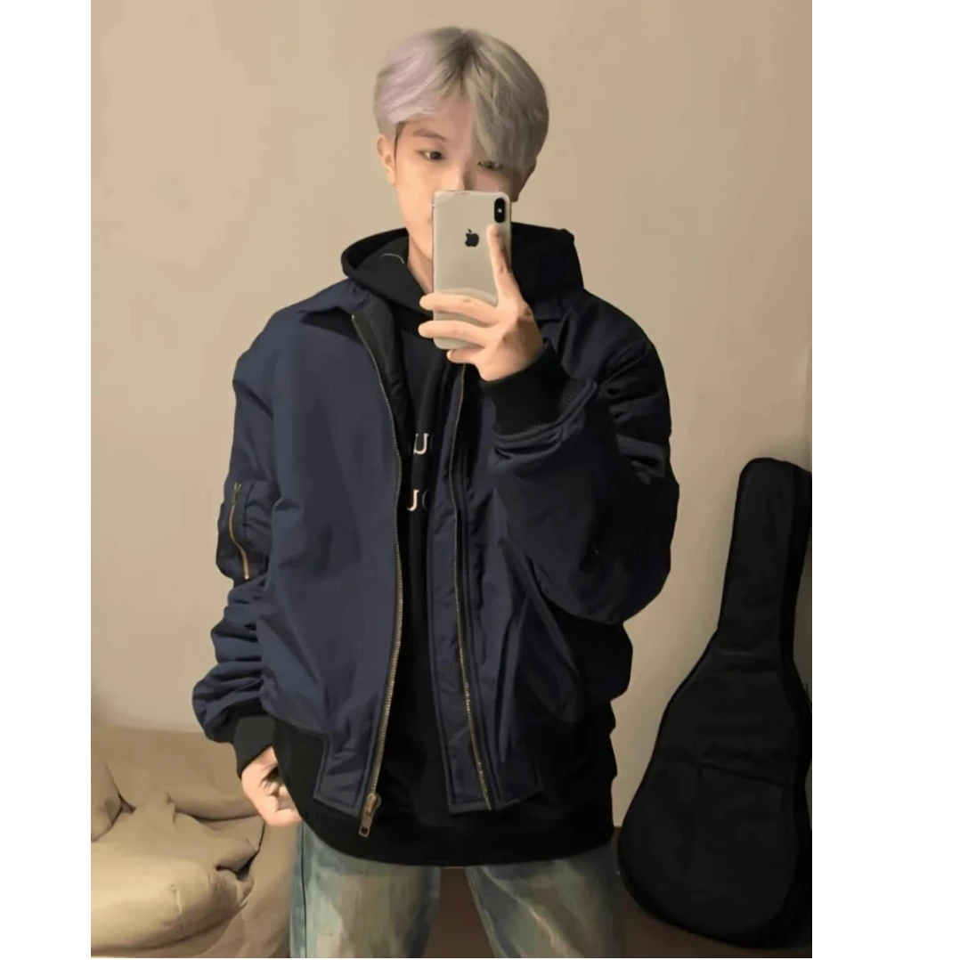 美式复古休闲翻领cleanfit飞行员bomber夹克男短款外套棉服男士