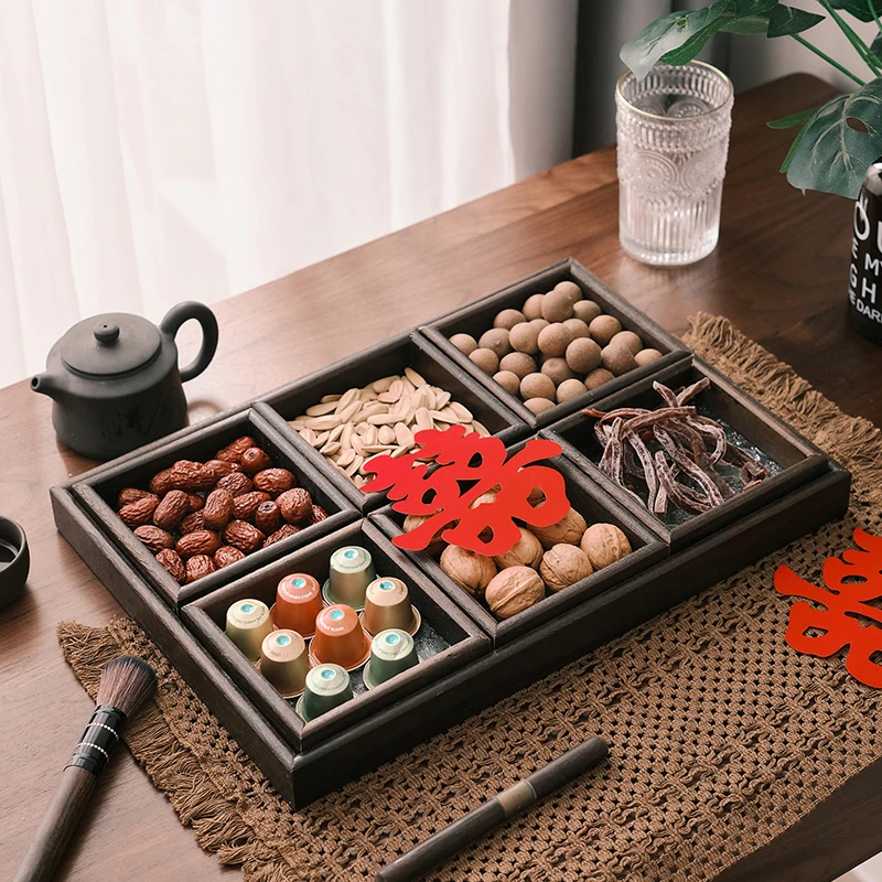 复古分隔零食收纳盒新年喜庆糖果盒下午茶糕点小吃实木干果盘中式