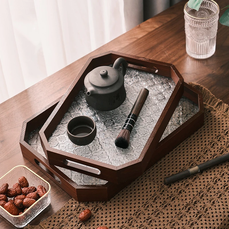 复古玻璃海棠花托盘家用木质点心盘杯子茶盘轻奢托盘收纳摆件盘子