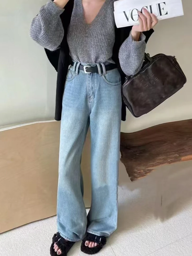 [Young] 浅蓝色加绒加厚牛仔裤女2024秋冬新款显瘦直筒裤 88007
