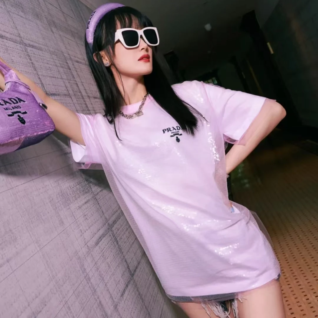 全新未使用 Prada/普拉达 Logo图案短袖T恤 粉色/M码